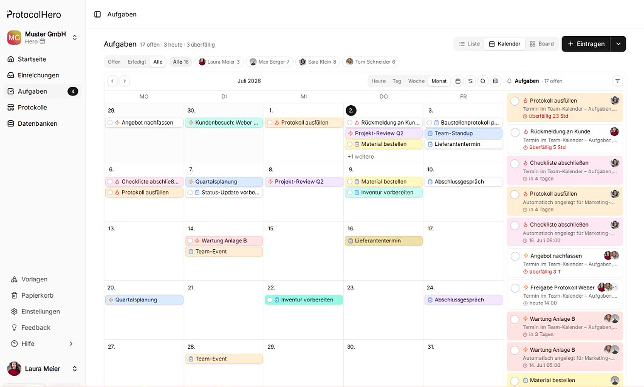 Screenshot der Aufgaben- und Kalenderansicht in ProtocolHero mit Listen-, Kalender- und Monatsansicht, Fälligkeiten, Filtern und Zuweisungen
