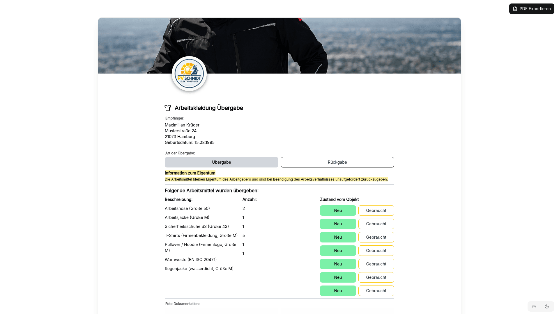 Vorschau der Vorlage „Arbeitskleidung Übergabe – Protokoll für PSA, Berufskleidung & Rückgabe"