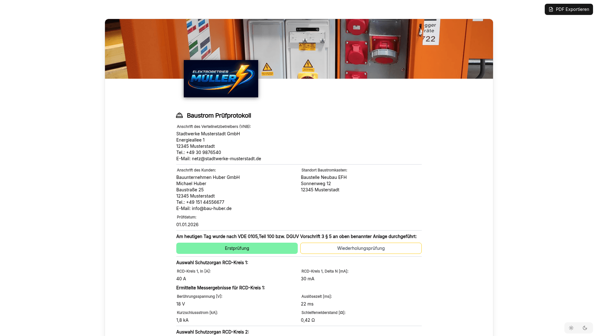 Vorschau der Vorlage „Baustrom Prüfprotokoll – Baustromverteiler nach VDE 0105-100 / DGUV V3"