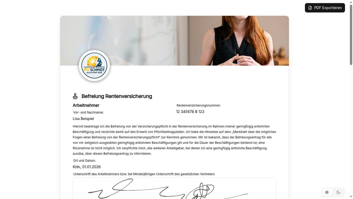 Vorschau der Vorlage „Befreiung Rentenversicherung Minijob – Antragsvorlage (§ 6 Abs. 1b SGB VI)"