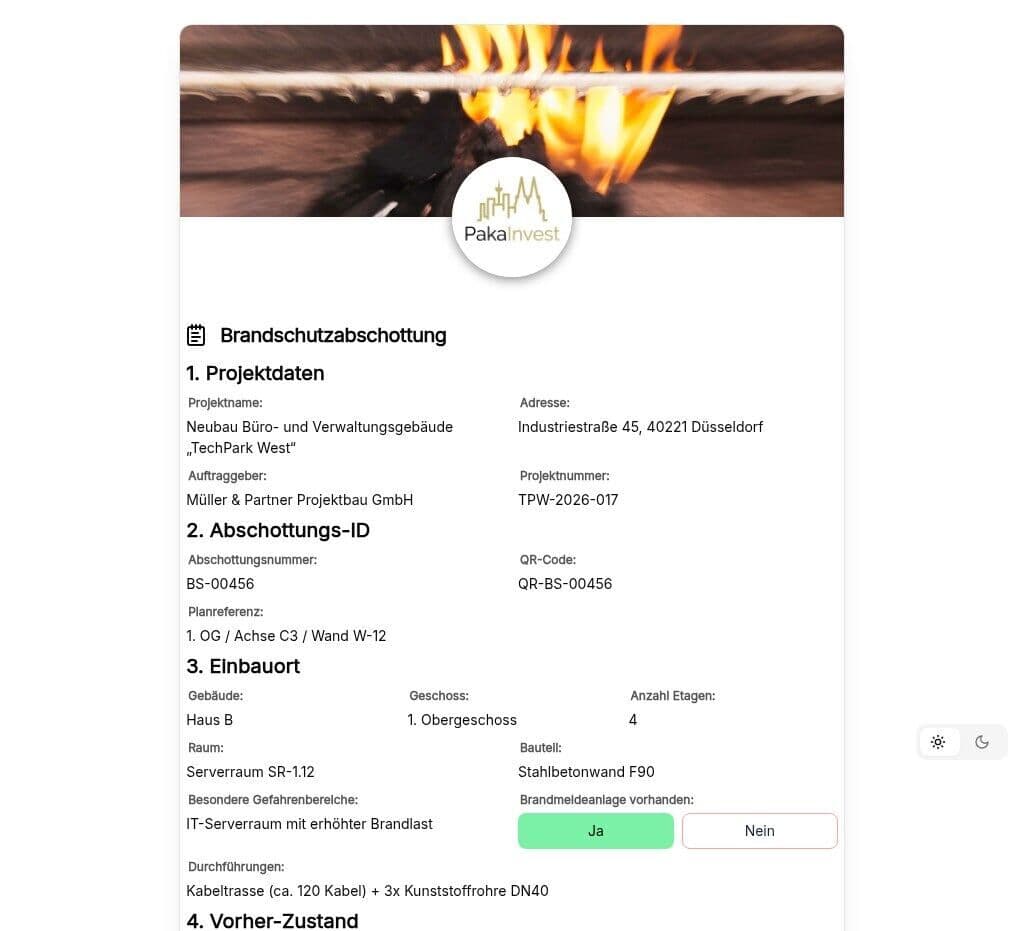 Vorschau der Vorlage „Brandschutzabschottung – Protokoll-Vorlage (DIN 4102, MLAR, DIN EN 1366)"