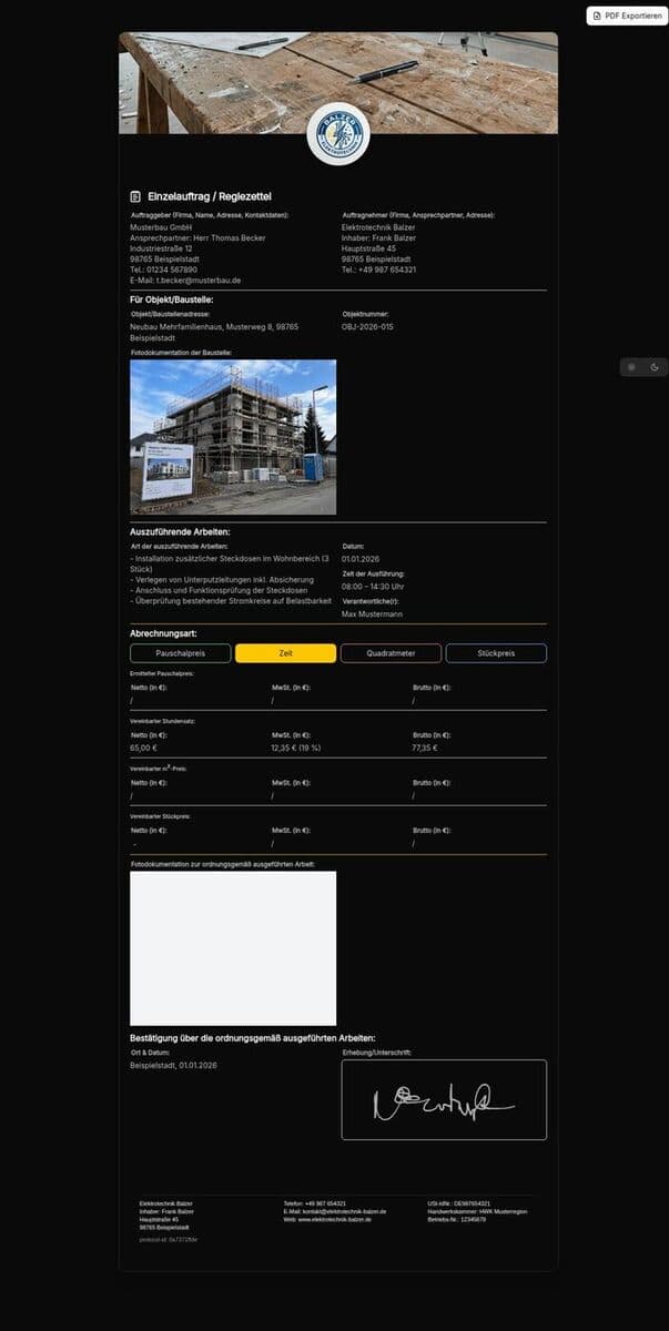 Vorschau der Vorlage „Einzelauftrag / Regiezettel – Vorlage für Handwerk & Bau (BGB §631 ff., HOAI)"