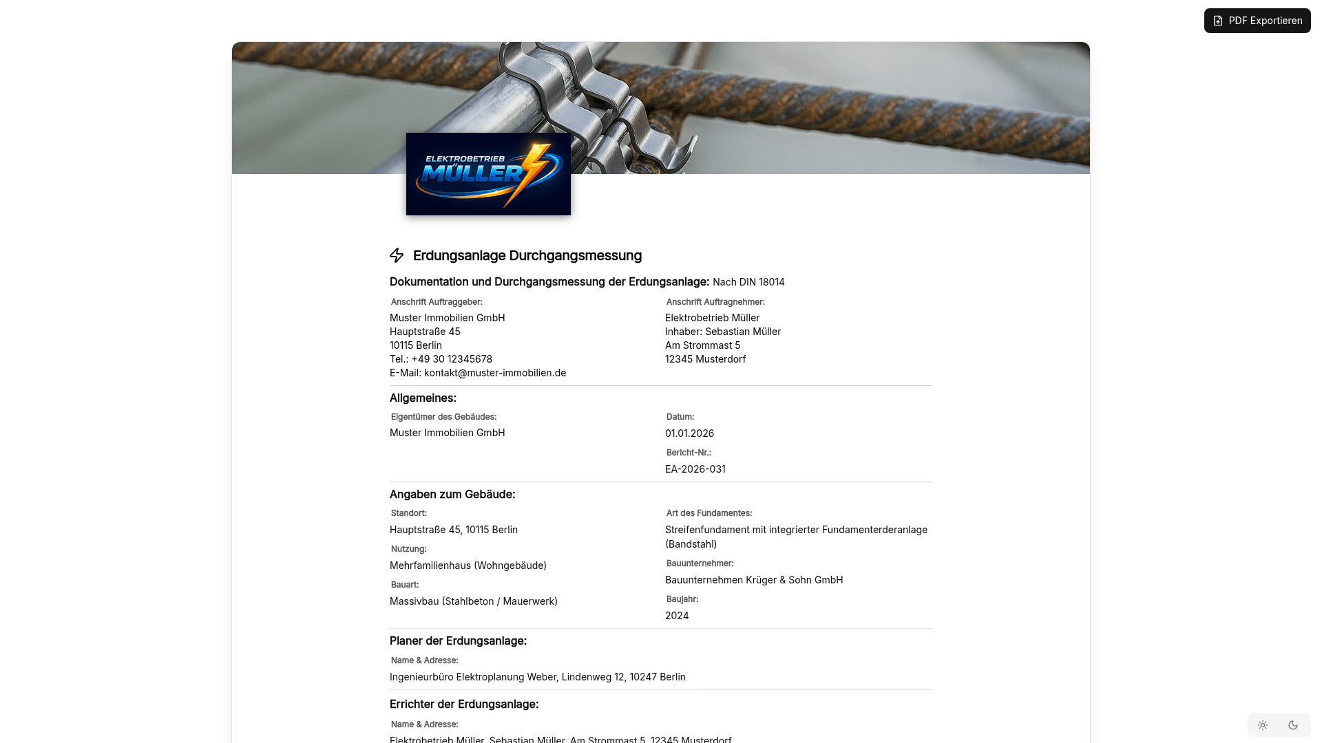 Vorschau der Vorlage „Erdungsanlage Durchgangsmessung – Protokoll nach DIN 18014"