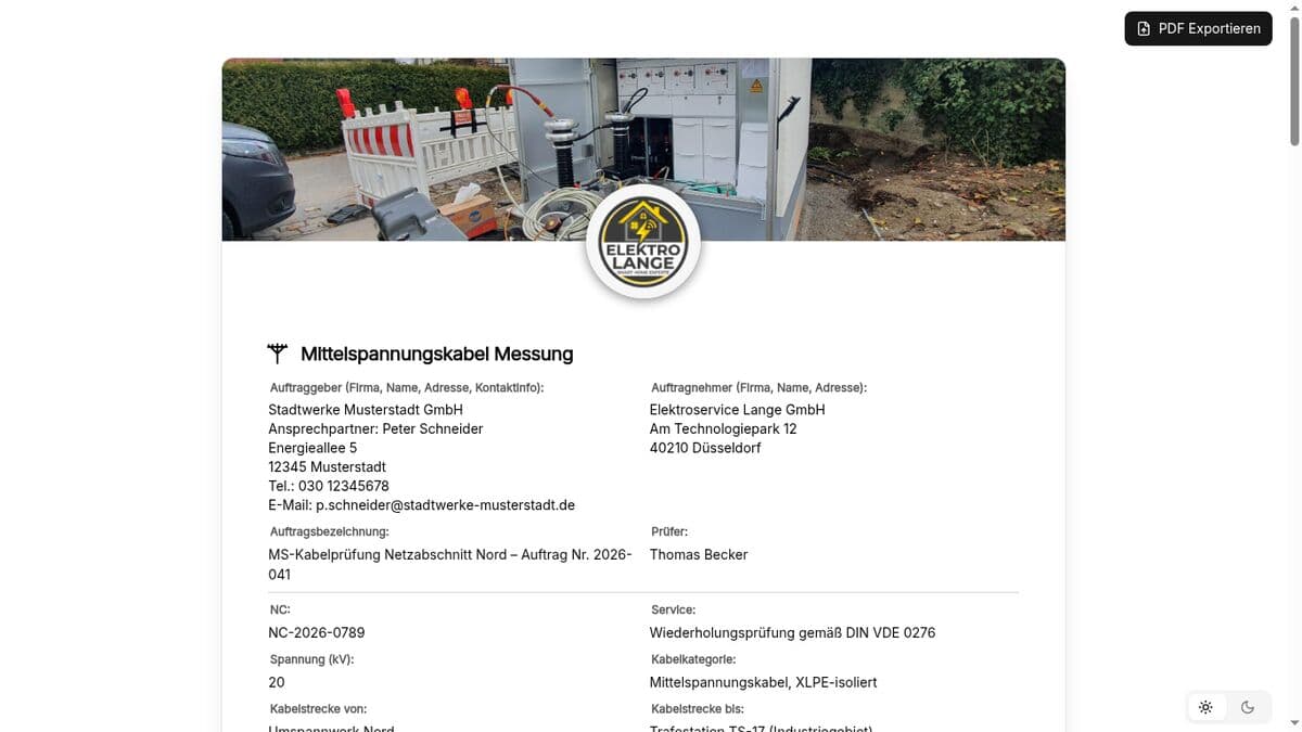 Vorschau der Vorlage „Mittelspannungskabel Messung – Prüfprotokoll Vorlage (DIN VDE 0276 / VDE 0276-620)"