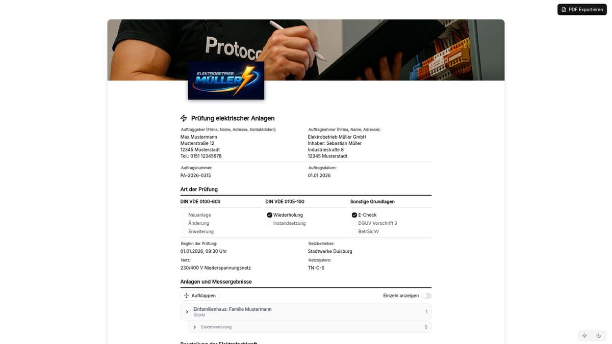 Vorschau der Vorlage „Prüfung elektrischer Anlagen – Vorlage nach VDE 0100-600 & 0105-100"