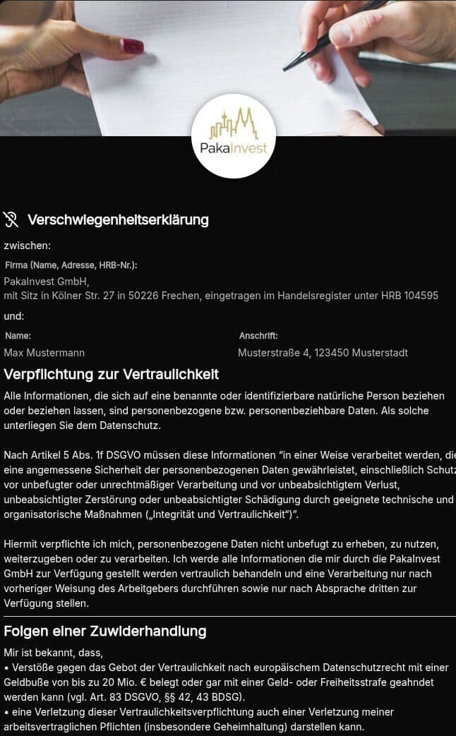 Vorschau der Vorlage „Verschwiegenheitserklärung – Vorlage für Mitarbeiter (DSGVO, §§42, 43 BDSG)"